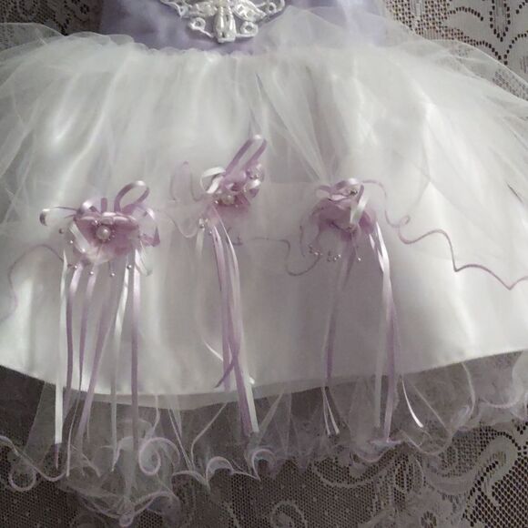 Lavender White Purple Infant Satin Tulle Applique Tutu Dress Pearl Floral Accent - Picture 3 of 11